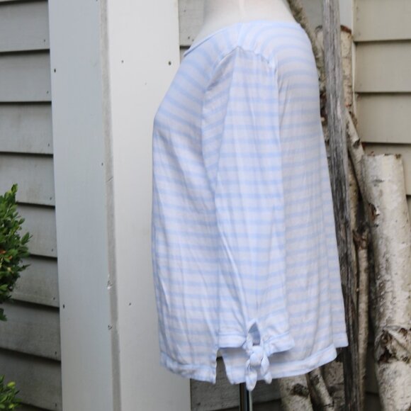 J Crew Periwinkle Blue White Stripe Round Neck Tie Cuff Cotton Tee Sz LARGE - Picture 4 of 7
